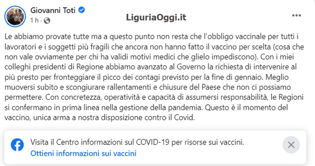 Toti obbligo vaccino