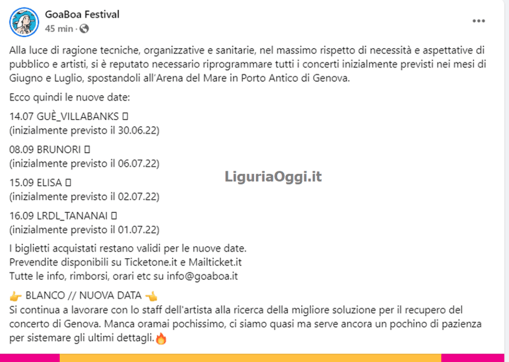 Goa Boa concerti annullati a Genova