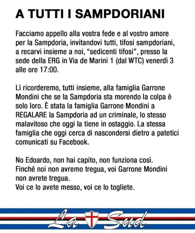 manifesto Sampdoria protesta Erg