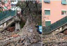 Genova, paura a San Fruttuoso: crolla il muraglione nel parcheggio di una scuola
