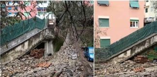 Genova, paura a San Fruttuoso: crolla il muraglione nel parcheggio di una scuola