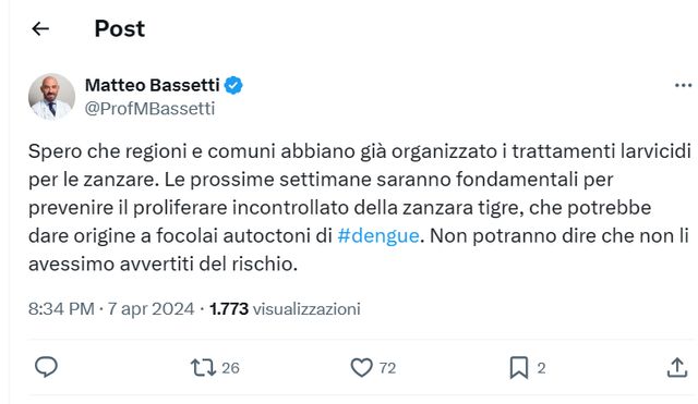 Matteo Bassetti zanzare Dengue