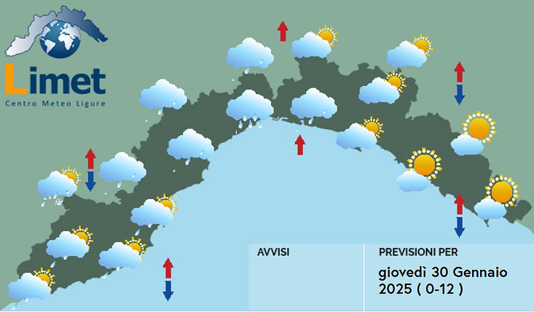 meteo Liguria giovedì 30 gennaio 2025