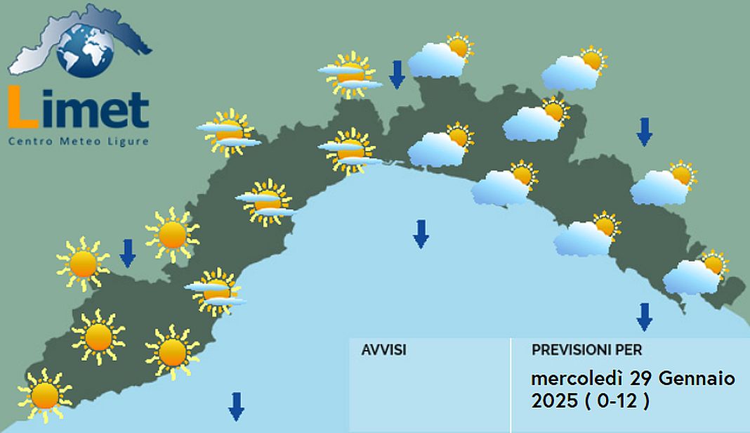 meteo Liguria mercoledì 29 gennaio 2025