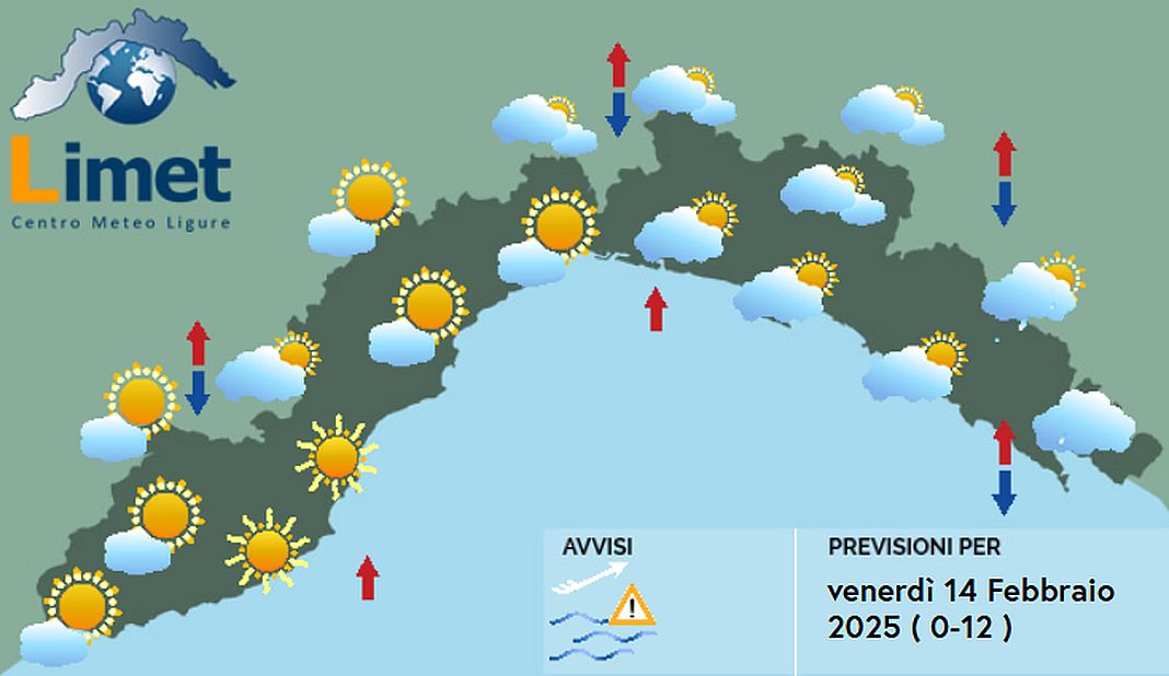 meteo Liguria venerdì 14 febbraio 2025