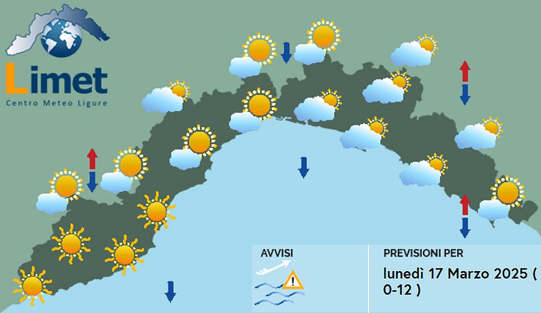 previsioni meteo Liguria lunedì 17 marzo 2025