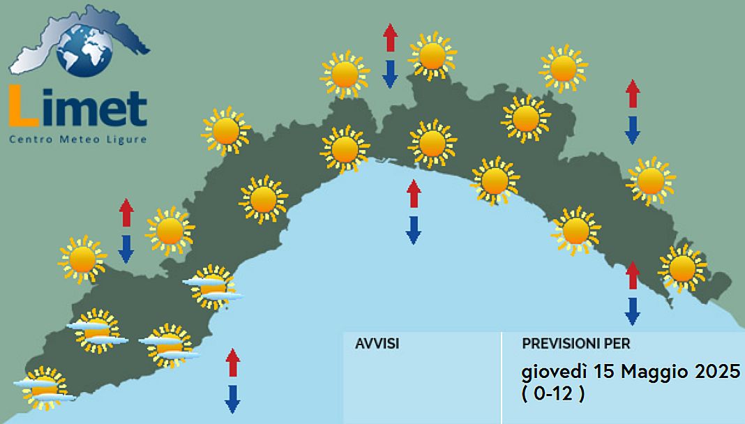 meteo Liguria giovedì 15 maggio 2025