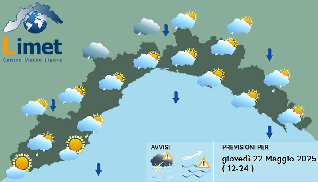 meteo Liguria giovedì 22 maggio 2025