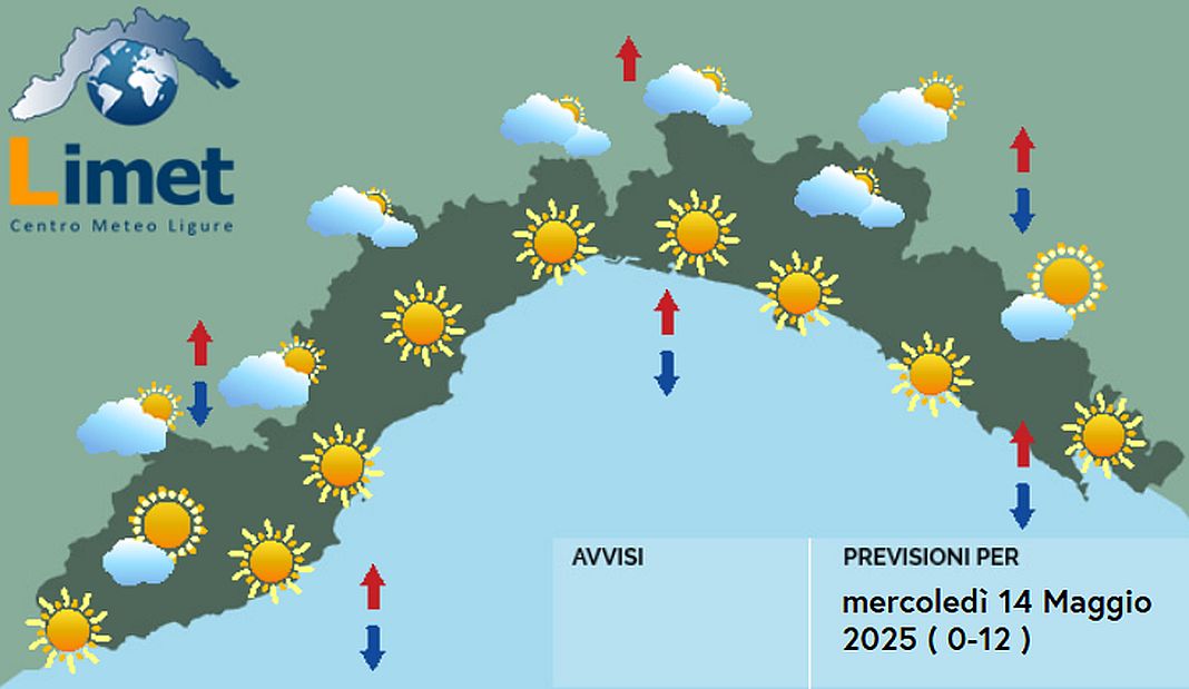 meteo Liguria mercoledì 14 maggio 2025