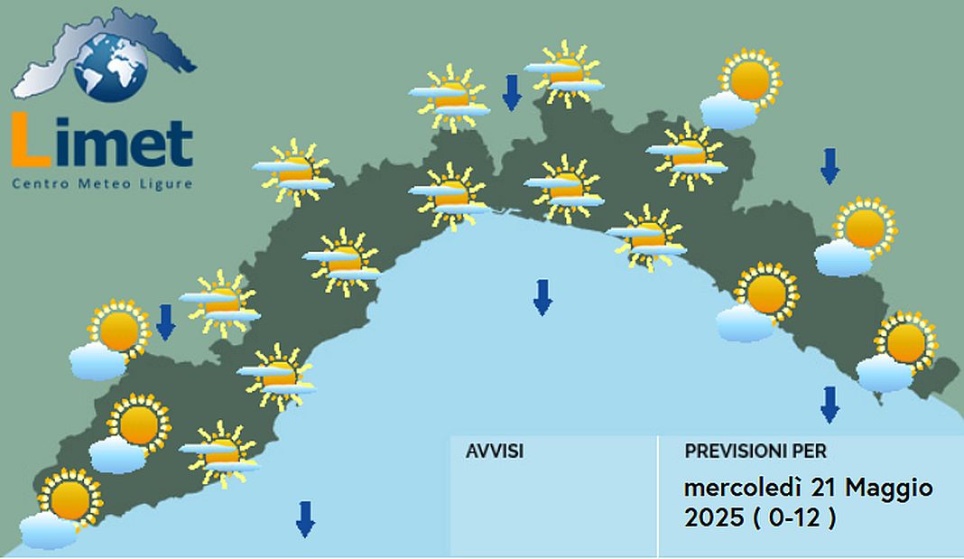 meteo Liguria mercoledì 21 maggio 2025