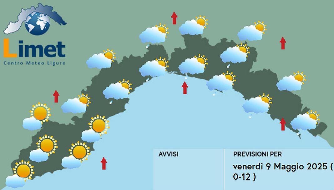 meteo Liguria venerdì 9 maggio 2025