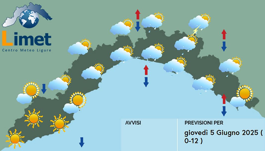 meteo Liguria giovedì 5 giugno 2025