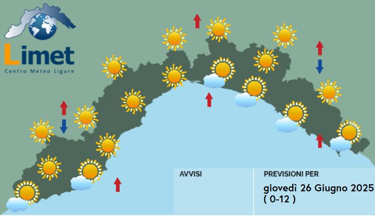 meteo Liguria giovedì 26 giugno 2025
