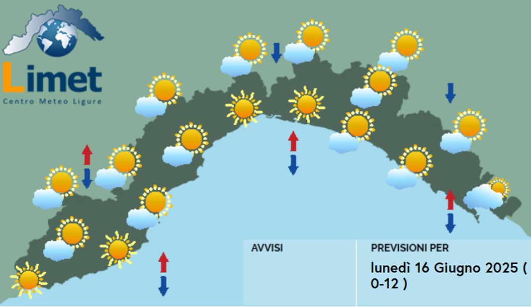 meteo Liguria lunedì 16 giugno 2025