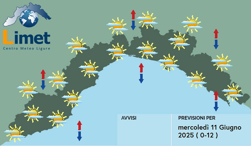 meteo Liguria mercoledì 11 giugno 2025