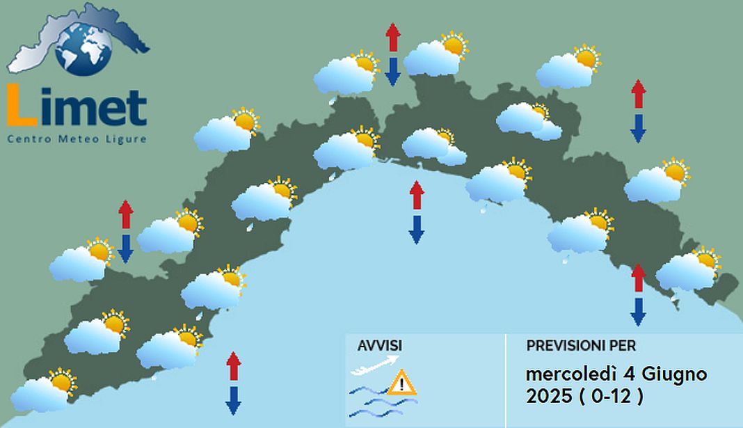 meteo Liguria mercoledì 4 giugno 2025