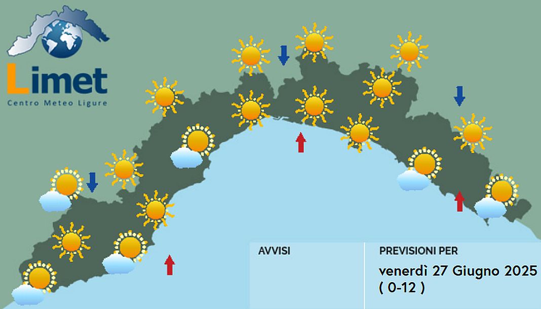 meteo Liguria venerdì 27 giugno 2025
