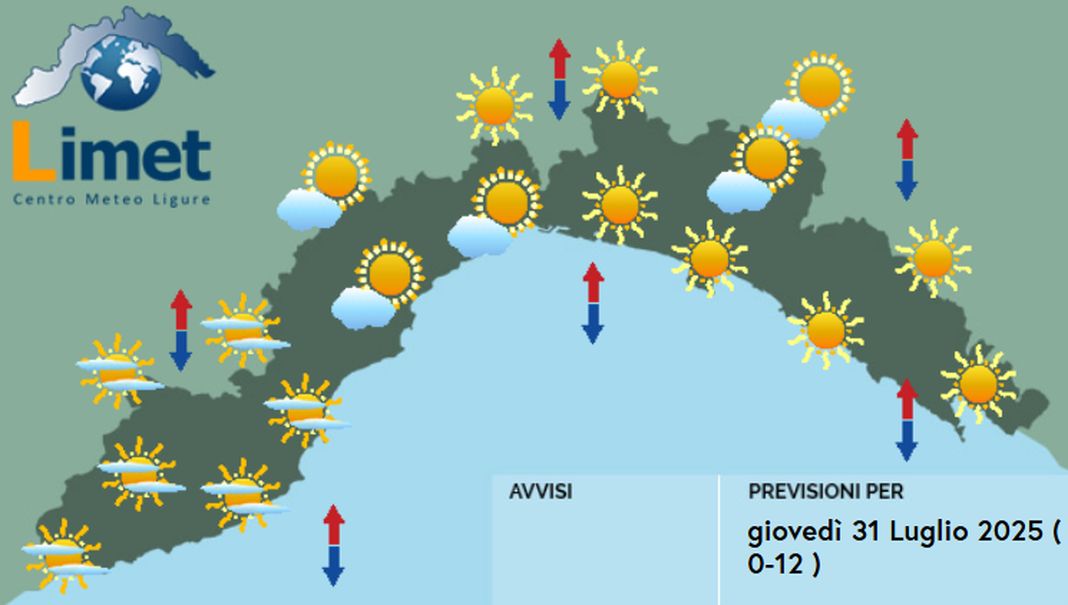 meteo Liguria giovedì 31 luglio 2025