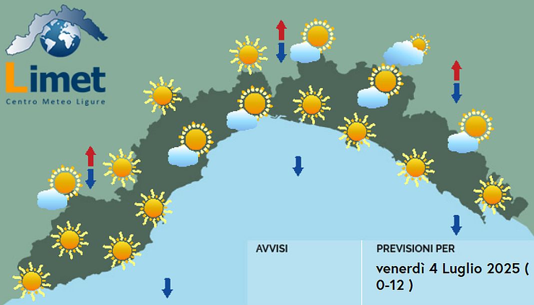 meteo Liguria venerdì 4 luglio 2025
