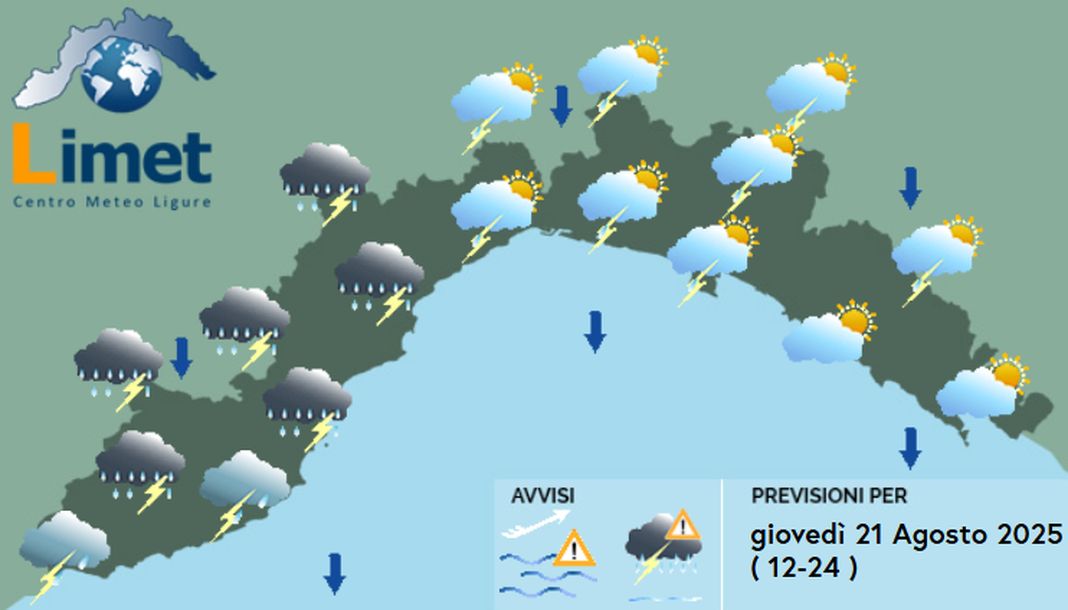 meteo Liguria giovedì 21 agosto 2025