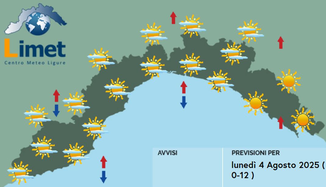 meteo Liguria lunedì 4 agosto 2025