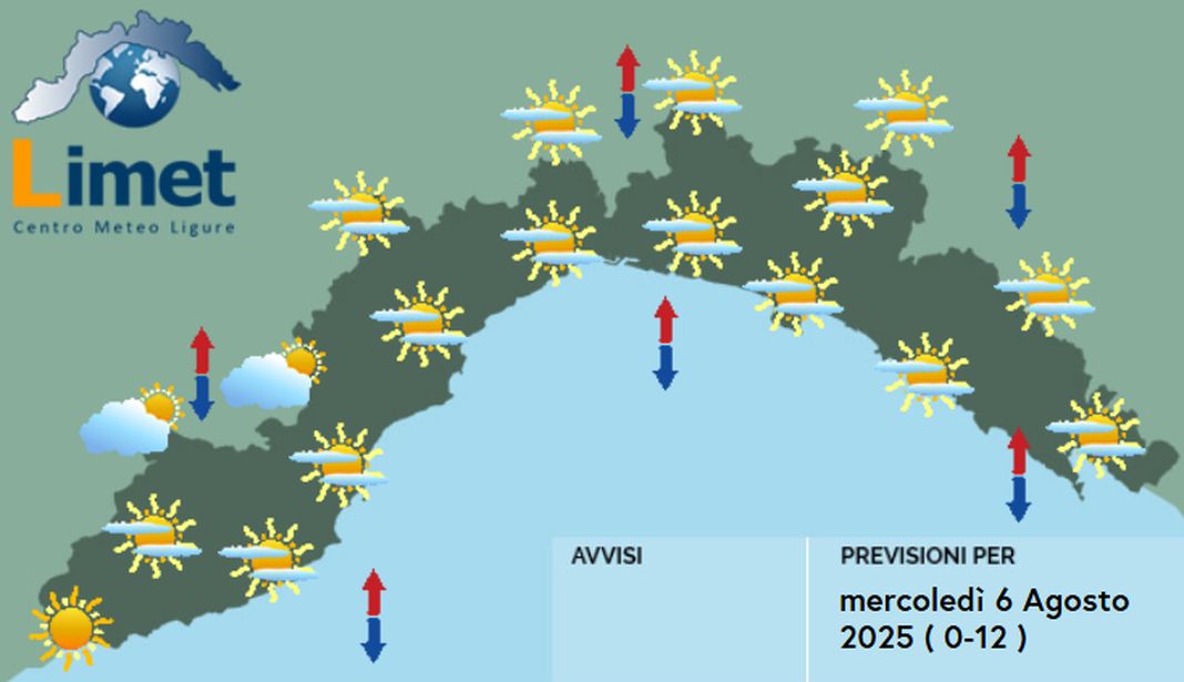 meteo Liguria mercoledì 6 agosto 2025