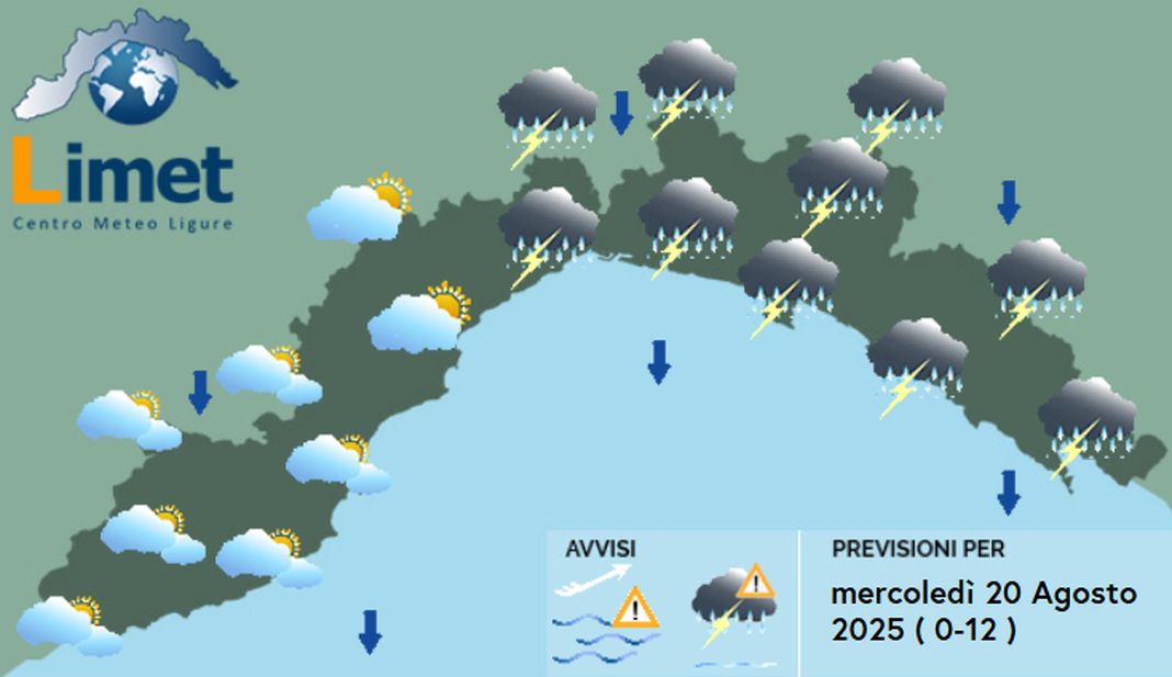 meteo Liguria mercoledì 20 agosto 2025