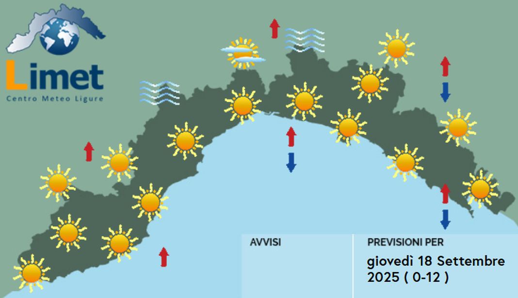 meteo Liguria giovedì 18 settembre 2025