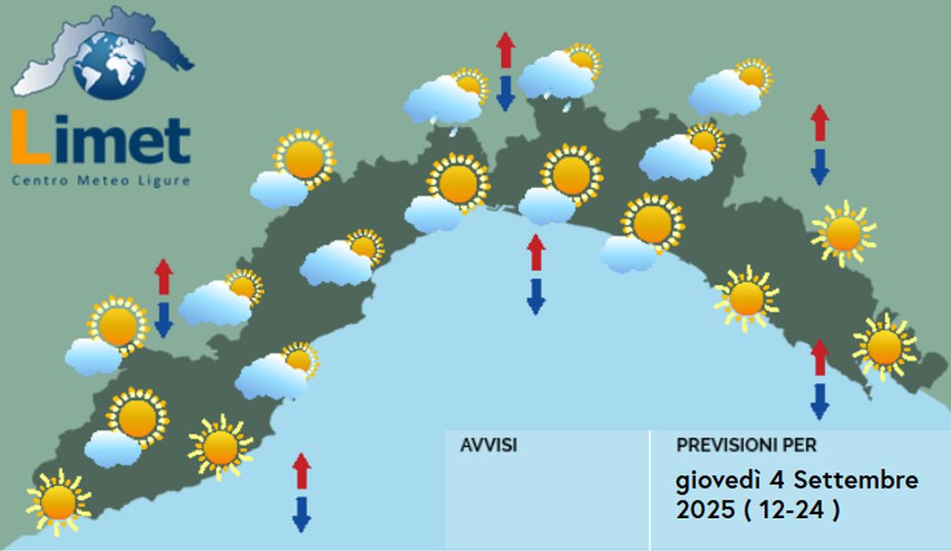 Meteo Liguria giovedì 4 settembre 2025