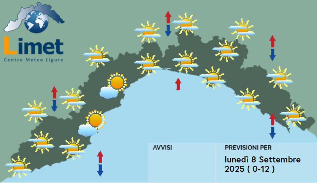 Meteo Liguria lunedì 8 settembre 2025