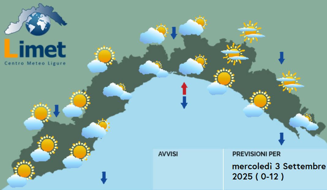 Meteo Liguria mercoledì 3 settembre 2025