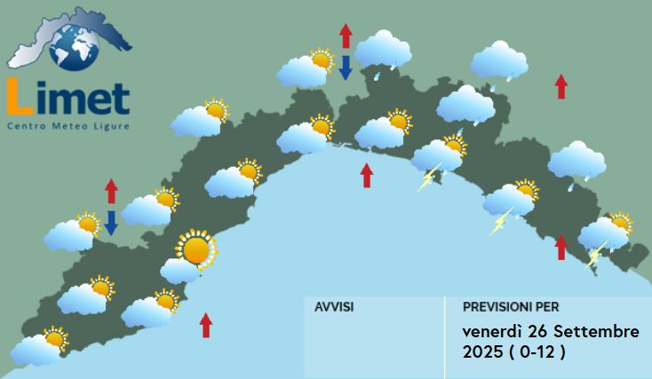 meteo Liguria venerdì 26 settembre 2025