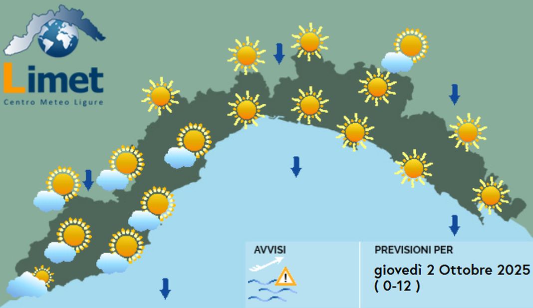 meteo Liguria giovedì 2 ottobre 2025