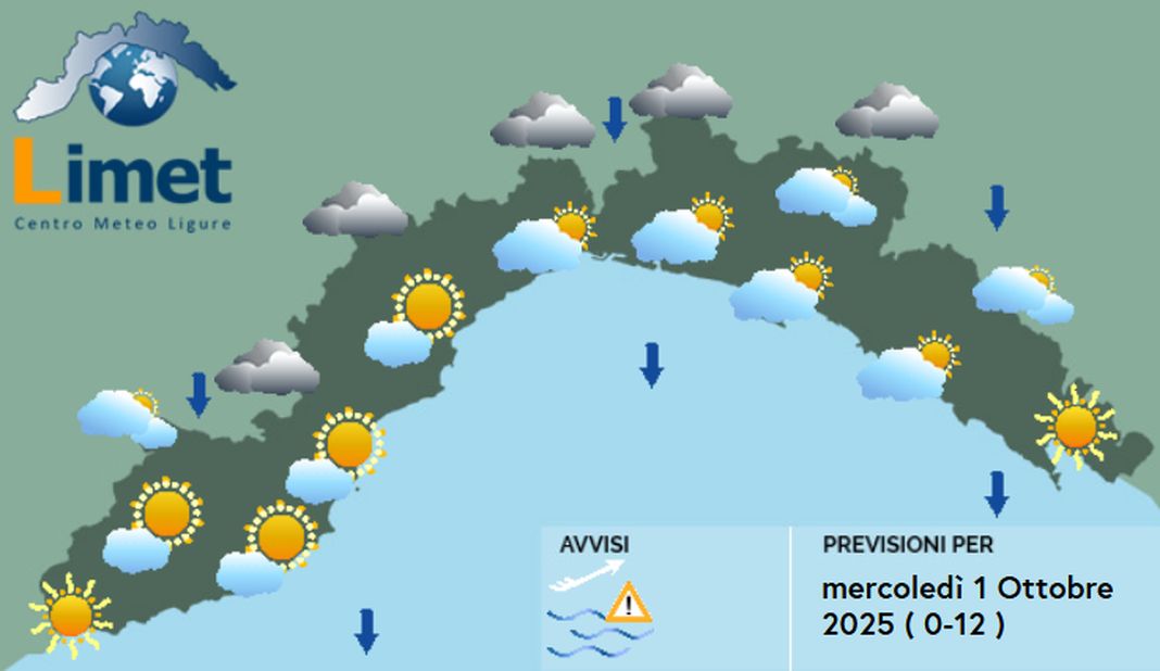 meteo Liguria mercoledì 1 ottobre 2025