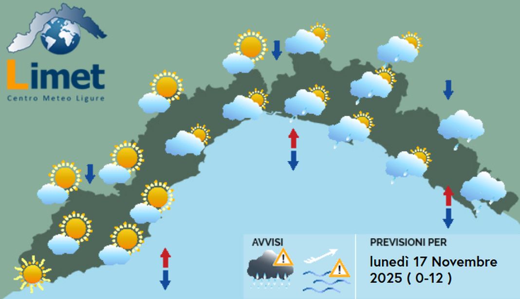 meteo Liguria lunedì 17 novembre 2025