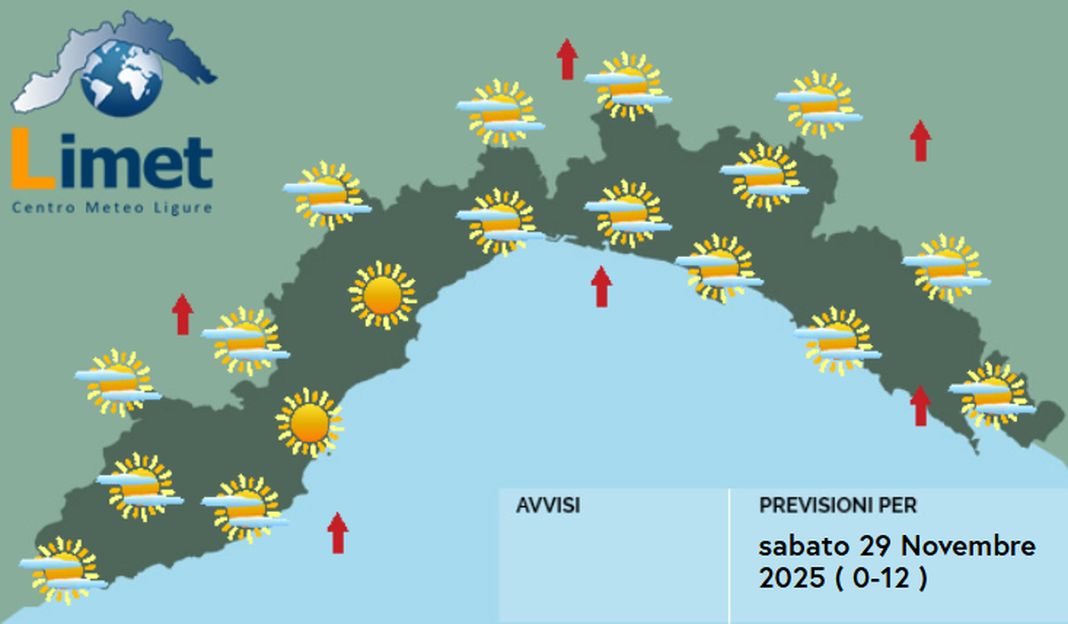 meteo Liguria sabato 29 novembre 2025