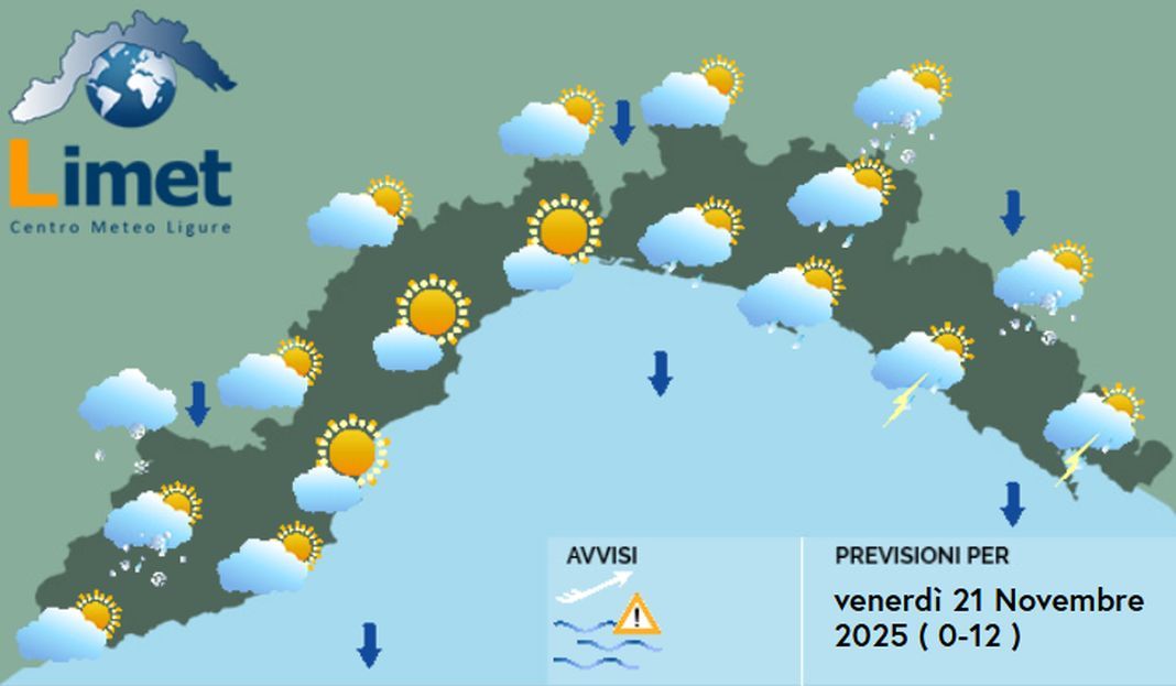 meteo Liguria venerdì 21 novembre 2025