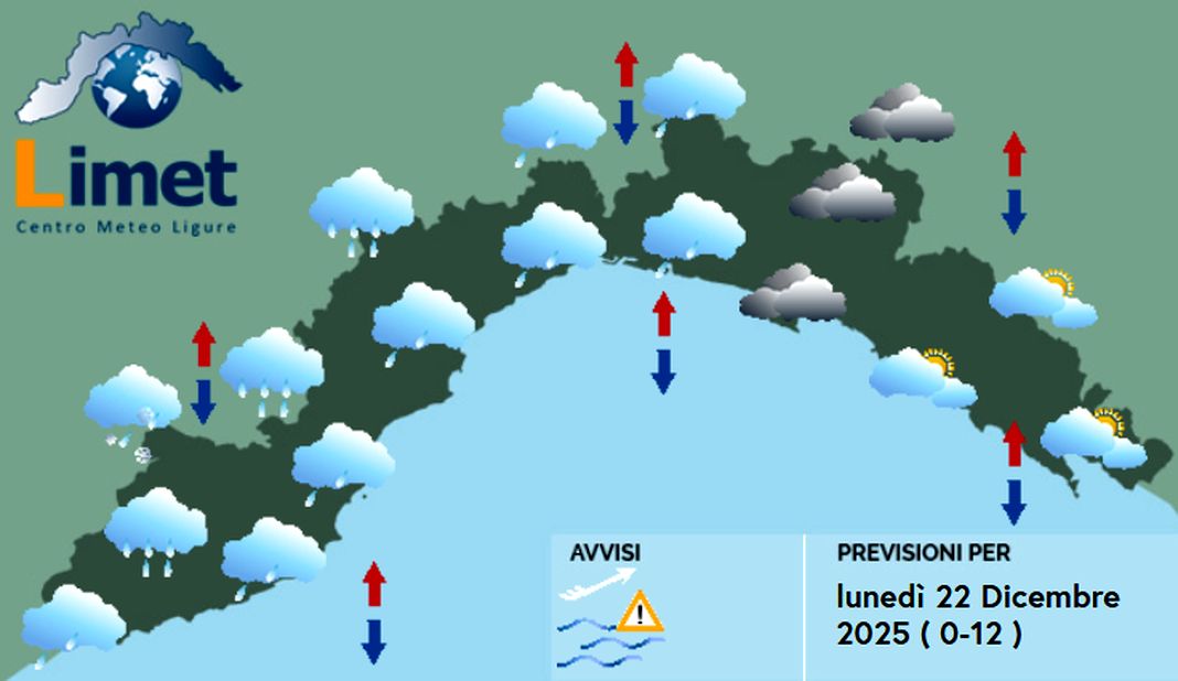 meteo Liguria lunedì 23 dicembre 2025