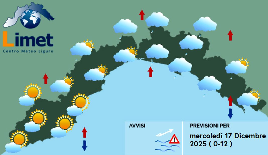 meteo Liguria mercoledì 17 dicembre 2025