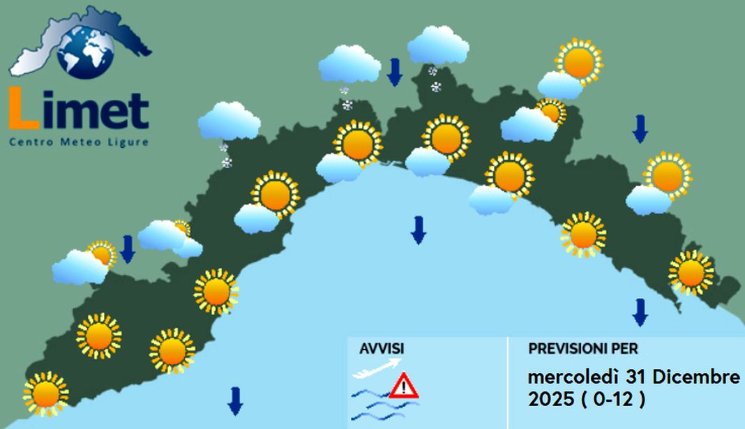 meteo Liguria mercoledì 31 dicembre 2025