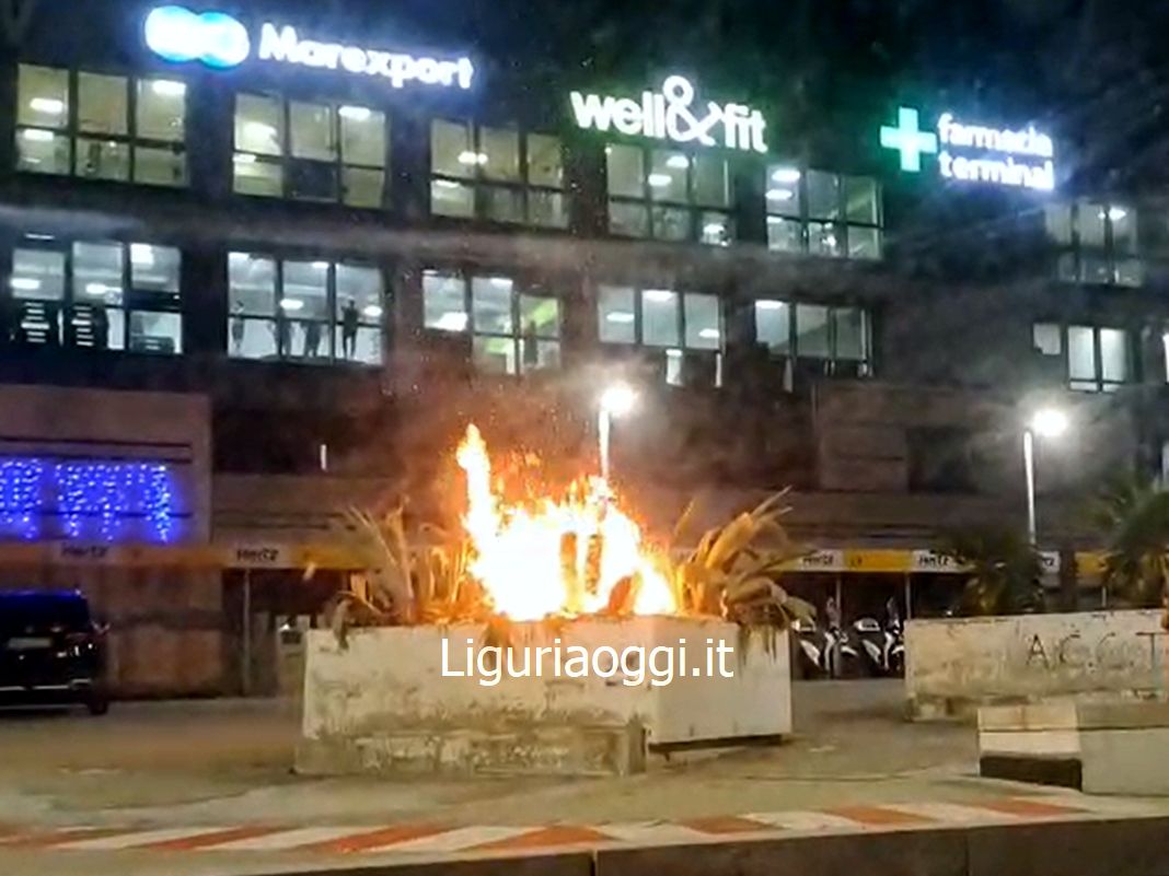 Genova, fiamme al Terminal Traghetti, brucia una aiuola incendio terminal traghetti genova