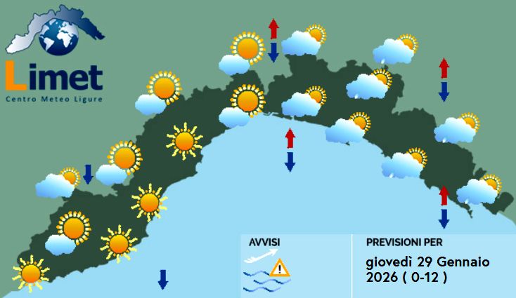Meteo Liguria, temporaneo miglioramento a partire da Ponente meteo Liguria giovedì 29 gennaio 2026