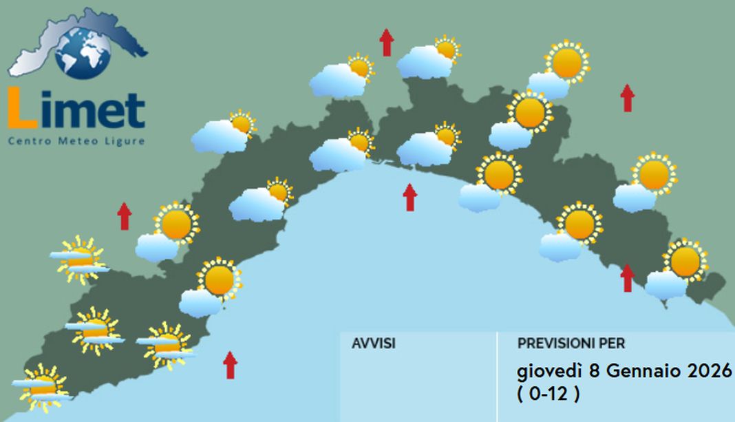 Meteo Liguria, aumentano le nuvole ma senza pioggia meteo Liguria giovedì 8 gennaio 2026