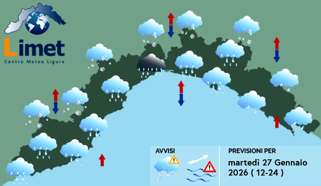 Meteo Liguria, nuovo forte peggioramento con pioggia e neve meteo Liguria martedì 27 gennaio 2026