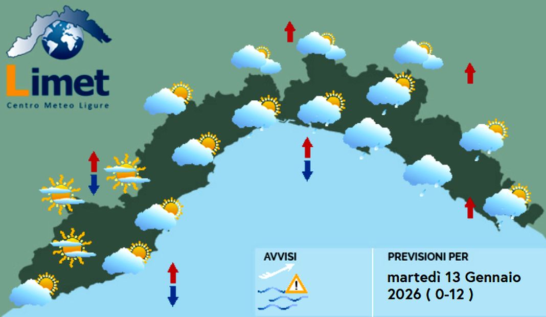 Meteo Liguria, cielo coperto e deboli precipitazioni sparse meteo Liguria martedì 13 gennaio 2026
