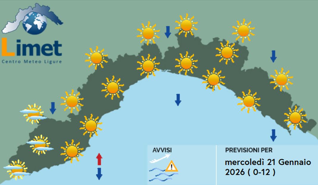 meteo liguria mercoledì 21 gennaio 2026
