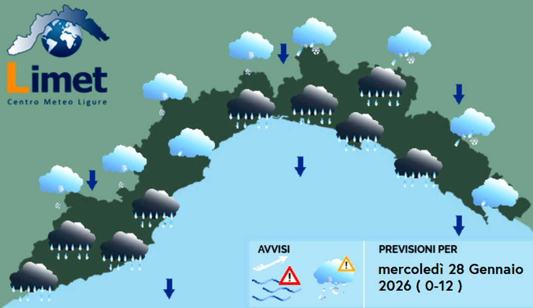 Meteo Liguria, pioggia sulla costa e nevicate nell’entroterra meteo liguria mercoledì 28 gennaio 2026