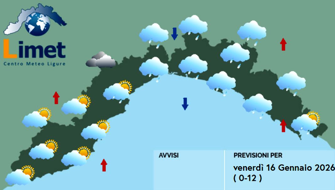 meteo Liguria venerdì 16 gennaio 2026