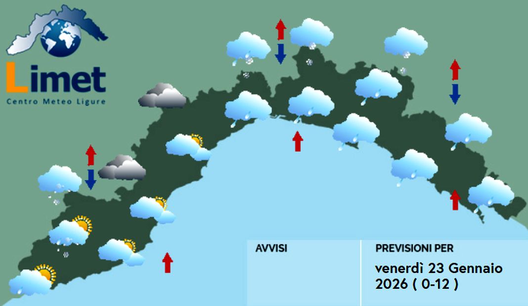Meteo Liguria, forte peggioramento con pioggia e neve sui rilievi meteo Liguria venerdì 23 gennaio 2026
