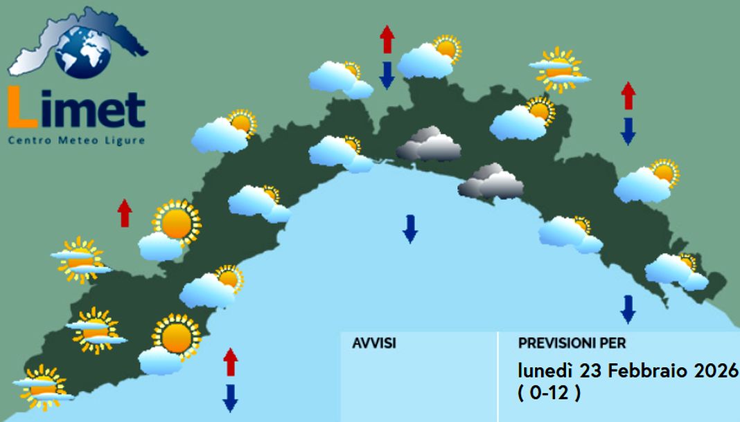 Meteo Liguria, instabilità con passaggi nuvolosi e possibili piovaschi meteo liguria lunedì 23 febbraio 2026